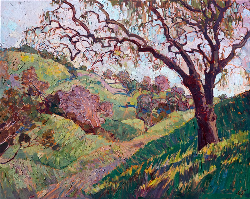 Hues of California bring this painting to life: dusky olive greens and lavender morning light merge together into a mosaic of color.  This painting captures the natural beauty of California wine country.