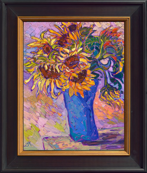 A vase of sunflowers is captured in impressionistic color by painter Erin Hanson. The thickly applied, expressive brush strokes create a sense of movement and excitement within the oil painting. The color is vibrant and alive, celebrating the natural beauty of the sunflower.</p><p>"Sunflowers in Blue Vase" is an original oil painting on linen board. The piece arrives framed in a black and gold plein air frame.