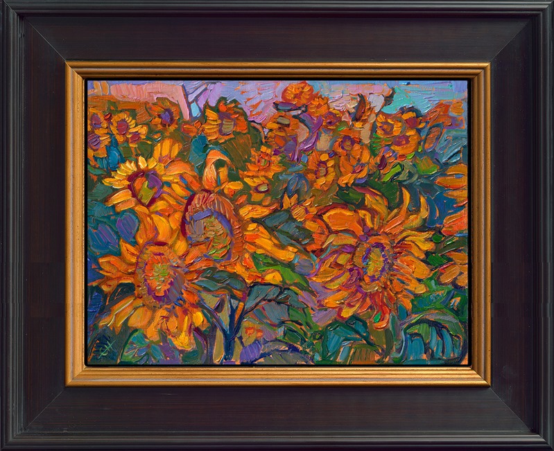 The golden hour in Provence, France, is worth waking up at 5 AM to see. The high plateaus became saturated in glowing orange light, and when I saw this field of sunflowers, I spent the entire golden hour walking among the sunflower stalks and taking hundreds of reference photos. This painting captures the magical light from that morning.