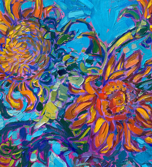 This year I grew my own sunflower garden, and I tested out a dozen different varieties of heirloom blooms. This is my first painting of the sunflower harvest this year.</p><p>"Sunflowers on Turquoise" is an original oil painting on linen board, done in Erin Hanson's signature Open Impressionism style. The piece arrives framed in a wide, mock floater frame finished in black with gold edging.</p><p>This piece will be displayed in Erin Hanson's annual <i><a href="https://www.erinhanson.com/Event/petiteshow2023">Petite Show</i></a> in McMinnville, Oregon. This painting is available for purchase now, and the piece will ship after the show on November 11, 2023. 
