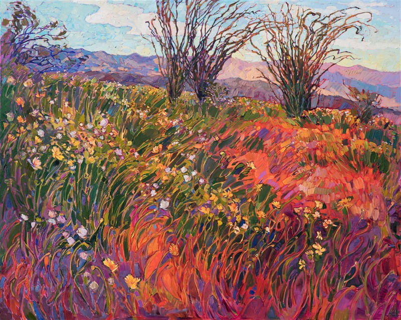 California experienced an amazing wildflower super bloom this year, and thousands of people flocked to Borrego Springs to see the phenomenon.  This painting captures all the magic and beauty of the desert in bloom.

This painting was created on 1-1/2" deep canvas, with the painting continued around the edges.  The painting arrives framed in a carved floater frame designed for the painting.

This painting will be displayed at <a href="https://www.erinhanson.com/event/californiasuperbloomartexhibition">The Super Bloom Show</a>, September 9th, at The Erin Hanson Gallery in San Diego.  If you purchase this painting before the show, your piece will be shipped to you after September 9th.