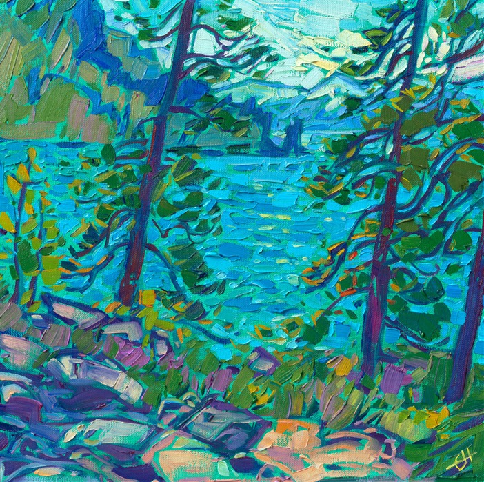 Lake Tahoe glimmers in hues of turquoise and blue, the alpine lake catching the light between the stately pine trees that surround the lake. The brush strokes in this painting are loose and impressionistic, alive with color and motion.

"Tahoe Colors" is an original oil painting on linen board. The piece arrives framed in a black and gold plein air frame.

This painting will be displayed at Erin Hanson's annual <a href="https://www.erinhanson.com/Event/ErinHansonSmallWorks2022" target=_"blank"><i>Petite Show</a></i> on November 19th, 2022, at The Erin Hanson Gallery in McMinnville, OR.