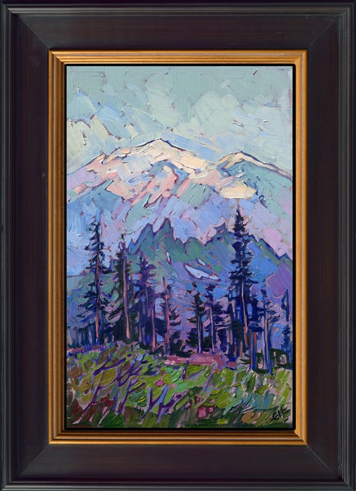 Watching the first morning light hit Mt Rainier from Tipsoo Lake made me appreciate the beauty of the Cascades in a whole new light. The hazy morning air diffused the light, making the peak of Mt Rainier seem to loom out of nowhere.</p><p>This painting is part of Erin's 2025 annual <a href="https://www.erinhanson.com/portfolio?col=the-petite-show-2025"><i>Petite Show</i></a>. The exhibition will be on display at The Erin Hanson Gallery in McMinnville, Oregon, for one day only, Saturday, November 8th. All are welcome to join us for the <a href="https://www.erinhanson.com/Event/petiteshow2025">Artist Reception</a>.