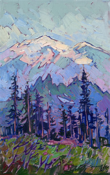 Watching the first morning light hit Mt Rainier from Tipsoo Lake made me appreciate the beauty of the Cascades in a whole new light. The hazy morning air diffused the light, making the peak of Mt Rainier seem to loom out of nowhere.

This painting is part of Erin's 2025 annual <a href="https://www.erinhanson.com/portfolio?col=the-petite-show-2025"><i>Petite Show</i></a>. The exhibition will be on display at The Erin Hanson Gallery in McMinnville, Oregon, for one day only, Saturday, November 8th. All are welcome to join us for the <a href="https://www.erinhanson.com/Event/petiteshow2025">Artist Reception</a>.