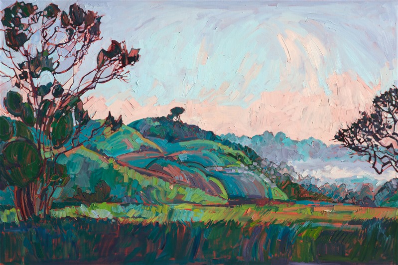 The rolling hills of Paso Robles have provided endless inspiration for Hanson over the years.  Her favorite time to paint is in the spring, with the hills turn bright green for only a month, before turning back to their usual shade of burnt gold.  This painting captures a coastal fog lifting in the early morning.</p><p>This triptych was created on three canvases, each 1-1/2" deep.  The painting is continued around the edges of each canvas, and the piece is designed to hang with 2" gaps on the wall (unframed.)</p><p><br/>This painting was included in the exhibition <i><a href="https://www.erinhanson.com/Event/ContemporaryImpressionismatGoddardCenter" target="_blank">Open Impressionism: The Works of Erin Hanson</i></a>, a 10-year retrospective and study of the development of Open Impressionism at The Goddard Center in Ardmore, OK. <br/>