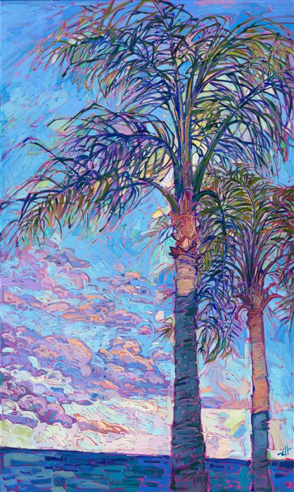 Long palm tree fronds wave in the tropical winds, creating criss-crossing patterns of light and color against the blue sky. Thick brush strokes of oil paint create a texture of stained glass on the canvas. Erin Hanson creates Open Impressionism paintings by placing her paint strokes side by side, without layering, creating a mosaic effect of color and luminous light.