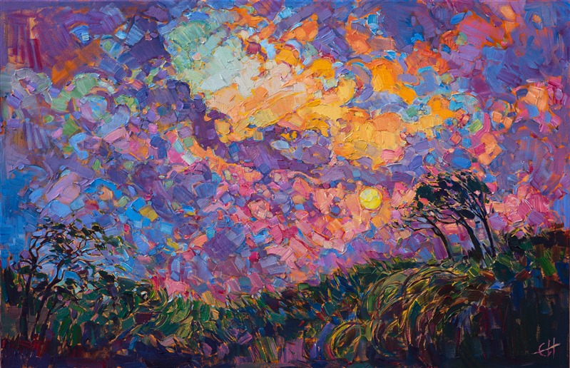 Fresh and vibrant, this dramatic oil painting transforms an ordinary sunset into a medley of emotional color.  Each brush stroke is thickly applied, worked wet-on-wet to achieve a beautiful contrast and color variation.  A contemporary impressionist work, this painting was inspired by the artists' springtime travels through the western United States.

This painting was created on gallery-depth canvas, with the painting continued around the sides of the canvas. This piece has been framed in a gold floater frame.