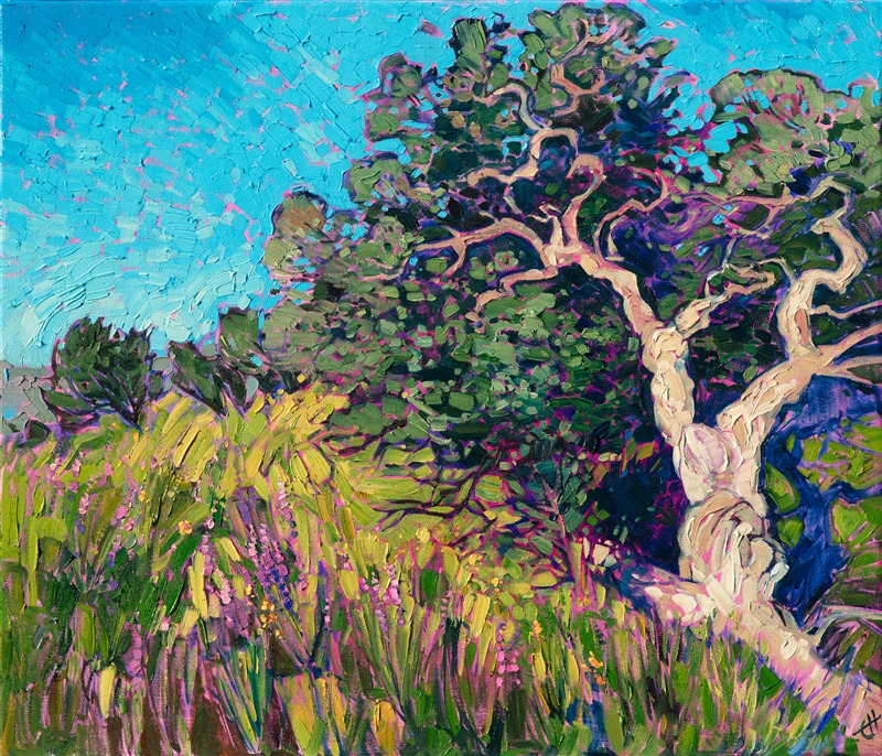 The Texan landscape between Alpine and Fort Davis is green and lush in the springtime, the high buttes and rolling hills dotted with gnarled oaks and scrubby pines. Multi-colored wildflowers nestle between the long grasses, basking in the warming sun. The painting captures this idyllic landscape with loose brushstrokes and thickly applied oil paint.

This painting will be on display at the Museum of the Big Bend, during the solo exhibition <i><a href="https://www.erinhanson.com/Event/MuseumoftheBigBend" target="_blank">Erin Hanson: Impressions of Big Bend Country.</a></i> This painting will be ready to ship after January 10th, 2019. <a href="https://www.erinhanson.com/Portfolio?col=Big_Bend_Museum_Show_2018">Click here</a> to view the collection.

This painting has been framed in a custom-made gold frame. The painting arrives ready to hang.