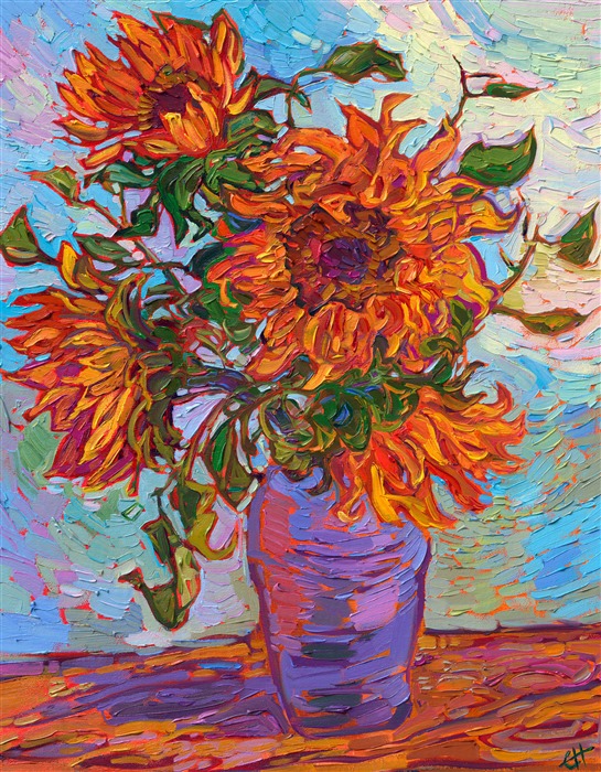 Rich hues of orange and gold spill from a purple vase, in this modern, impressionist oil painting. The impasto brush strokes create a rhythm of texture upon the canvas, an almost edible texture of colorful paint.

"Vase of Sunflowers" is an original oil painting created on fine linen board. The piece arrives framed in a gold plein air frame, to set off the colors of the piece.

This painting will be displayed in <a href="https://www.erinhanson.com/Event/SunflowerShow"><i>The Sunflower Collection</i></a> exhibition, on June 25th, at The Erin Hanson Gallery in McMinnville, OR. 

<b>About the show:</b> Discover the colorful world of contemporary impressionism through the works of Erin Hanson. Based in Oregon wine country, this modern-day master is preparing to release a collection of works inspired by sunflowers. A nod to the iconic visions of blooms by van Gogh, The Sunflower Show will be a celebration of summer color and texture.