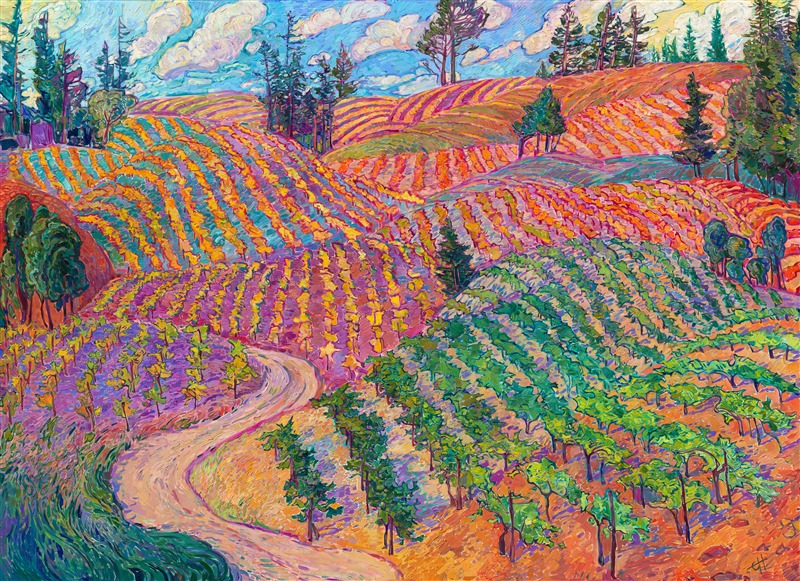 This painting was inspired by the Mendocino wine country region in northern California. Erin Hanson's painting style is expressionism meets impressionism--bold color, thick paint, and lively movement capture the landscapes she loves. This painting draws you into the fields of overlapping vines, transporting you to a warm October day in California wine country. 

"Vineyard Dreams" will be on display at The Erin Hanson Gallery for The Colossal Collection on August 9th, 2025. You are welcome to join us for the Artist's reception! 