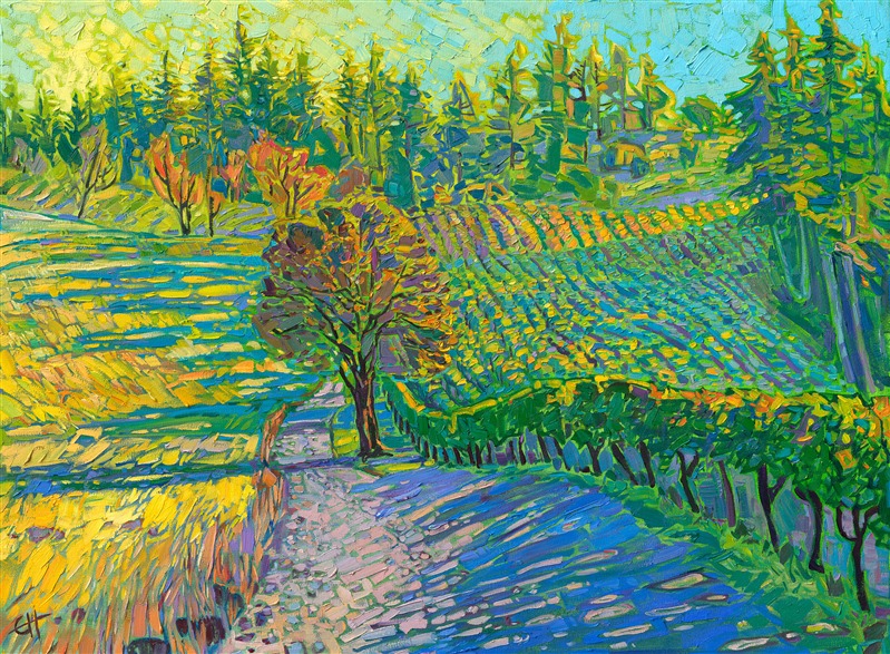 Tall northwestern pine trees cast long shadows across the rolling hills of the Willamette Valley, Oregon's wine country. Apple green grass flows with color, bright by contrast with the royal blue shadows. Each brush stroke captures the vitality and motion of the landscape.

"Vineyard Shadows" is an original oil painting on stretched canvas. The piece arrives framed in a contemporary gold floater frame, ready to hang.

<b>Please note:</b> This painting will be hanging in a museum exhibition until November 5th, 2023. This piece is included in the show <i><a href="https://www.erinhanson.com/Event/ErinHansonatBoneCreekMuseum">Erin Hanson: Color on the Vine</i></a> at the Bone Creek Museum of Agrarian Art in Nebraska. You may purchase the painting now, but you will not receive the painting until after the show ends in November 2023.