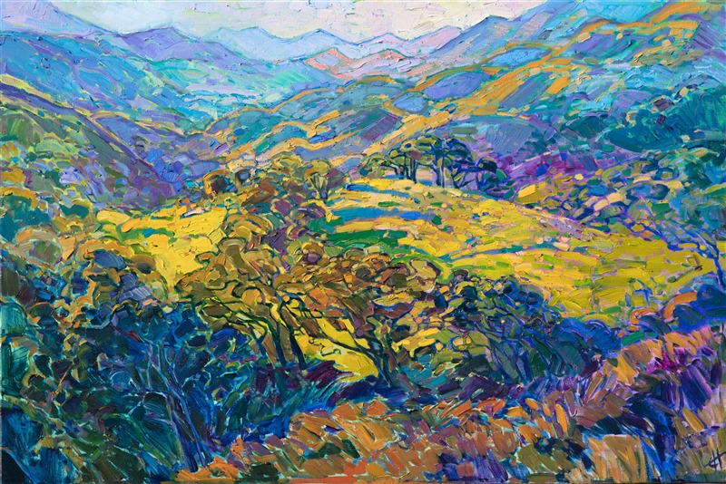 Dawn light plays over the apple-green hills of Carmel Valley, south of Monterey. The layered hills recede into hues of purple in the distance. The brush stroke are loose and impressionistic, capturing the light and movement of the outdoors.

This painting was done on 1-1/2" canvas, with the painting continued around the edges.  It has been framed in a hand-carved, gold floater frame.