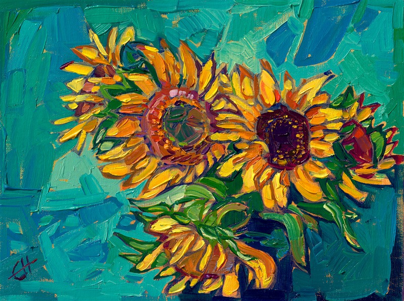 This petite painting captures the hues of golden sunflowers against a viridian backdrop. The oil paint is applied in thick, luscious brushstrokes, imbuing the painting with beautiful color and texture.