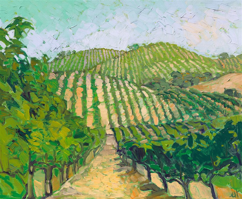 This painting of rolling vineyards was inspired by a summer trip to Paso Robles, California. The repeating patterns of green vines against the summer-gold earth is soothing and rhythmical. Impressionistic brush strokes create a mosaic of color and texture across the canvas.

This classic painting was exhibited in <I>Erin Hanson: Color on the Vine </I> at the Bone Creek Museum of Agrarian Art in Nebraska. Fall 2023.

This painting was done on 1-1/2" canvas, with the painting continued around the edges.  The painting will be framed in a 23kt gold leaf floater frame to complement the colors in the piece.  It arrives wired and ready to hang.