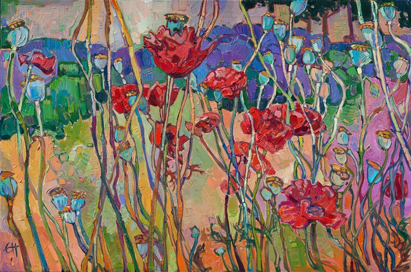 I was photographing the lavender fields in Sequim, Washington, when I came across this patch of red poppies. The pop of red against the lavender and tan ground inspired me to create this abstracted landscape painting. The thick brush strokes and subtle color changes capture the beauty of this northwestern scene.