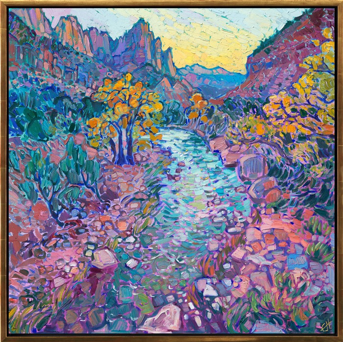 The view from the bridge in Zion, overlooking the river and the Watchman in the distance, is one of my favorite views to paint in Zion National Park. The turquoise waters seem to capture the very light from the darkening sky. I used thick, expressive brush strokes to capture the red rocks and mountains of Zion, laying my strokes side by side without overlapping.</p><p>This painting was exhibited at <i>Erin Hanson: Landscapes of the West </i> solo museum exhibition at the Sears Art Museum in St. George, Utah.