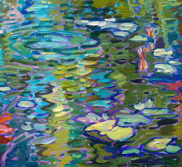 An homage to Claude Monet, this painting captures his water lily pond in Giverny. The brush strokes are loose and impressionistic, capturing the verdant reflections of Monet's garden. Erin Hanson's Open Impressionism style is a modern version of classic French impressionism, with a dose of "van Gogh" and early California plein air technique.