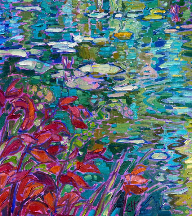 An homage to Claude Monet, this painting captures his water lily pond in Giverny. The brush strokes are loose and impressionistic, capturing the verdant reflections of Monet's garden. Erin Hanson's Open Impressionism style is a modern version of classic French impressionism, with a dose of "van Gogh" and early California plein air technique.