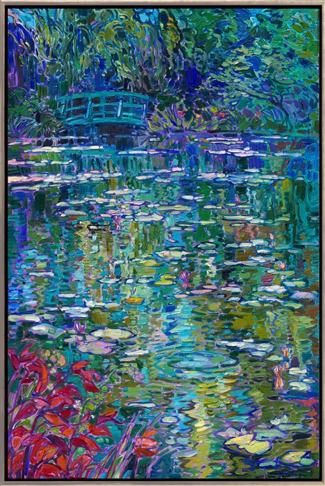 An homage to Claude Monet, this painting captures his water lily pond in Giverny. The brush strokes are loose and impressionistic, capturing the verdant reflections of Monet's garden. Erin Hanson's Open Impressionism style is a modern version of classic French impressionism, with a dose of "van Gogh" and early California plein air technique.
