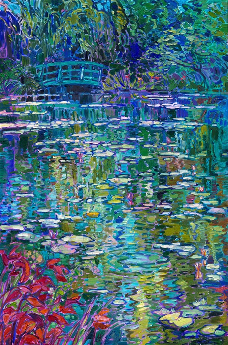 An homage to Claude Monet, this painting captures his water lily pond in Giverny. The brush strokes are loose and impressionistic, capturing the verdant reflections of Monet's garden. Erin Hanson's Open Impressionism style is a modern version of classic French impressionism, with a dose of "van Gogh" and early California plein air technique.