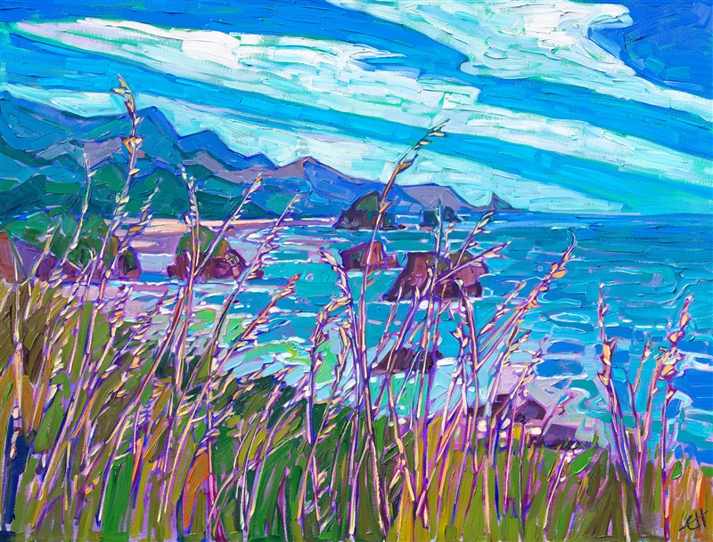 Waving strands of summer grass move gracefully before the coastal vista of blues and greens beyond. This painting captures the Pacific Coastline with thick, impressionistic brush strokes, alive with color and texture.

"Wild Grass" was created on 1-1/2" canvas, and the original oil painting arrives framed in a contemporary gold floater frame, ready to hang.
