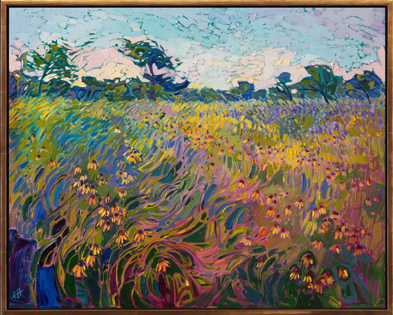 You can almost smell the heady scent of sweet wildflowers rising in the warm air in this oil painting of Texas hill country. The impressionistic brush strokes capture the vivid beauty of spring.</p><p>"Wildflower Lights" was created on 1-1/2" canvas, with the painting continued around the edges. The painting arrives framed in a contemporary gold floater frame.