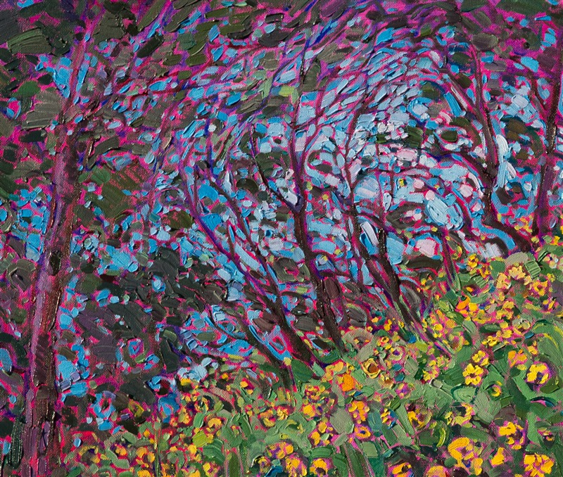 Yellow wildflowers tumble down the hillside in this painting of central California, near Hearst Castle.  The brush strokes are vivid and expressive, alive with motion and subtle color changes.  This painting capture the emotional response to being outdoors in the cool shade and seeing a beautiful expanse of flowers under the oak trees.</p><p>This painting was created on 1-1/2"-deep canvas, with the painting continued around the edges of the canvas. It has been framed in a hand-carved Open Impressionist frame. Read more about the <a href="https://www.erinhanson.com/Blog?p=AboutErinHanson" target="_blank">painting's details here.</a><br/>