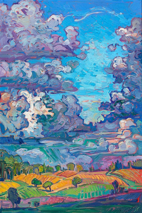 Oregon's Willamette Valley is a lush countryside with just enough rain to keep the landscape green. After the rain, the clouds part, and the rolling hills and vineyards are bathed in warm sunlight. This painting captures that moment when the clouds first part and the word is illuminated with color.