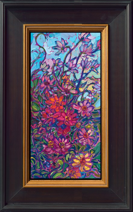 Garden blooms of zinnias and cosmos brighten up the room with brilliant hues of pink, yellow, and red. The impressionistic brush strokes capture the light and vivacity of the scene.</p><p>"Winding Blooms" is an original oil painting on linen board, framed in a 4"-wide dark frame with gold edging. 