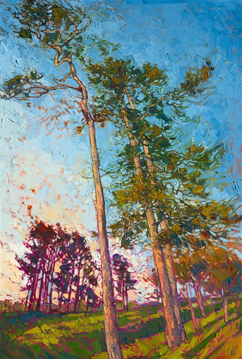 Tall pines with winding branches stretch into the sky in this modern impressionist oil painting. The vivid colors bring the landscape to life and capture the imagination.  Each brush stroke comes together to form a mosaic of color and texture across the canvas.

This painting was created on a gallery-depth canvas with the painting continued around the edges. The painting will arrive in a beautiful hardwood floater frame, ready to hang.