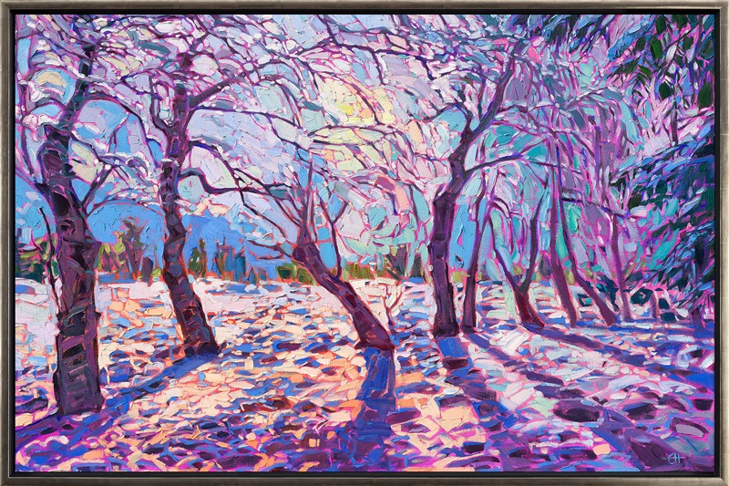 Christmas was white this year in Oregon, the rolling hills and oak trees of the Willamette Valley covered in dramatic white snow. This painting captures the sun shining through a grove of trees along a little pathway, in the woods on my estate.</p><p>"Winter Light" is one of the Erin Hanson artworks featured on <a href="https://www.erinhanson.com/blog?p=ErinHansonFrameTV">Samsung Frame TV</a>.<br/>