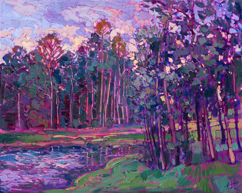 The Woodlands has many beautiful lakes and ponds, nestled between groves of impossibly tall pine trees. This painting captures the incipient colors of dusk in rich purples and viridian greens.  The brush strokes are thick and expressive with color and texture.

This painting was created on 1-1/2" deep canvas, with the painting continued around the edges. The painting is framed in a gold floater frame with black sides. It arrives wired and ready to hang.