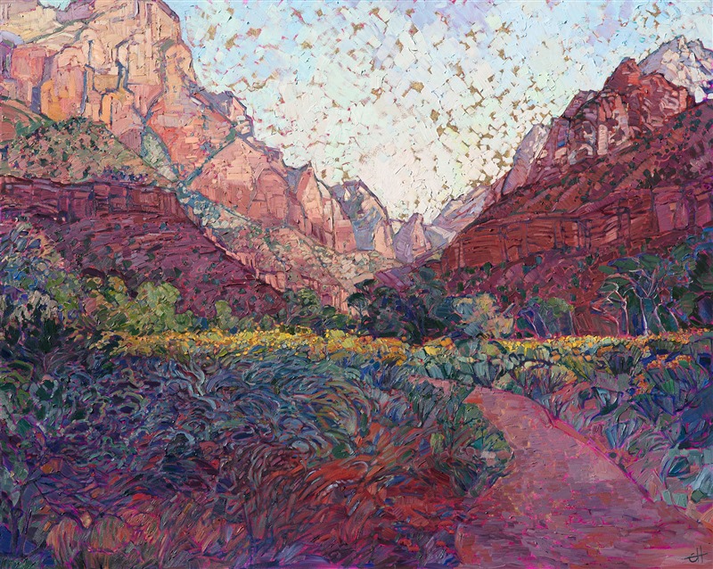 This painting captures the grandeur and wide expanse of Zion National Park in southern Utah.  The loose, painterly brush strokes are alive with texture, creating a three-dimensional  rhythm of color upon the canvas.</p><p>This oil painting was done on a canvas gilded in 24kt gold leaf. The gold leaf shines through sections of the painting, creating an additional glow of light within the piece.  The painting was done on 1-1/2" canvas, with the painting continued around the edges of the canvas.  The work has been framed in a carved gold open impressionist frame.</p><p>This painting was exhibited in the <a href="https://www.erinhanson.com/Event/redrock2018" target=_blank"><i>The Red Rock Show</i></a> at The Erin Hanson Gallery, June 16th, 2018.  <a href="https://www.erinhanson.com/Portfolio?col=The_Red_Rock_Show_2018" target="_blank"><u>Click here</u></a> to view the other Red Rock paintings.</p><p>This painting was exhibited in <i><a href="https://www.erinhanson.com/Event/ErinHansonAmericanVistas/" target="_blank">Erin Hanson: American Vistas</i></a> at the Nancy Cawdrey Studios and Gallery in Whitefish, Montana, 2019.