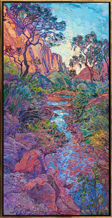 I love walking along the river bed in Zion Canyon. Red rock cliffs reach high into the sky around me, and all around me is silent except for the moving sound of water and the wind rustling through the cottonwood leaves. I walk in and out of shadow beneath the overhanging boughs, my mind completely at peace. This painting captures all my love for this landscape.</p><p>This painting was exhibited at <i>Erin Hanson: Landscapes of the West </i> solo museum exhibition at the Sears Art Museum in St. George, Utah.