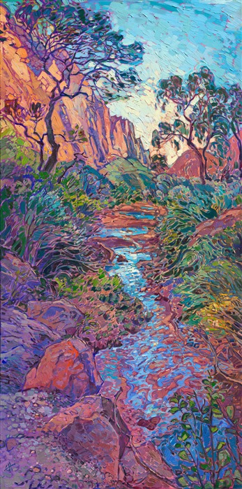 I love walking along the river bed in Zion Canyon. Red rock cliffs reach high into the sky around me, and all around me is silent except for the moving sound of water and the wind rustling through the cottonwood leaves. I walk in and out of shadow beneath the overhanging boughs, my mind completely at peace. This painting captures all my love for this landscape.

This painting was exhibited at <i>Erin Hanson: Landscapes of the West </i> solo museum exhibition at the Sears Art Museum in St. George, Utah.