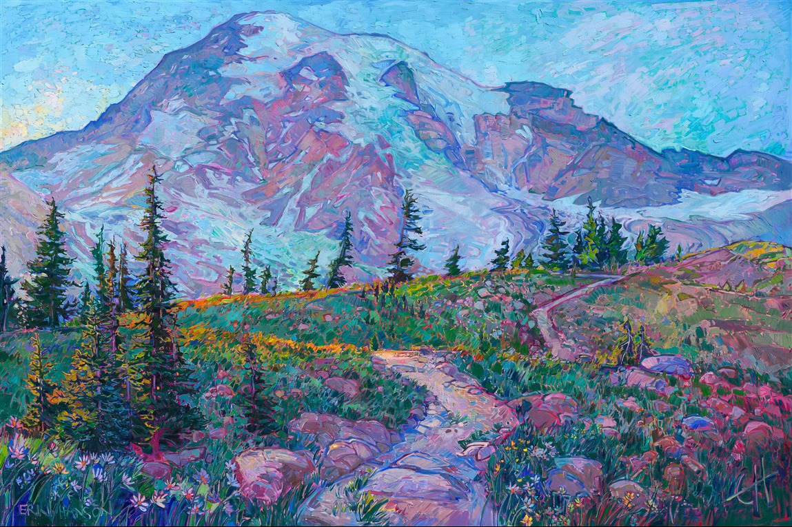 My first hike up the side of Mt Rainier was one of the most incredible hikes I've ever done. There was a blanket of clouds hovering over the mountain's peak as I was ascending the trail, but when I reached the top, the clouds dissipated, and I got my first glimpse of Rainier's peak up close and personal. The sheer magnitude of the mountain was overwhelming. I have been thinking ever since about how to communicate the incredible size of Rainier with my paintbrush. I finally completed this work, which captures my emotional state seeing the peak. I hope it moves you the way it moved me.