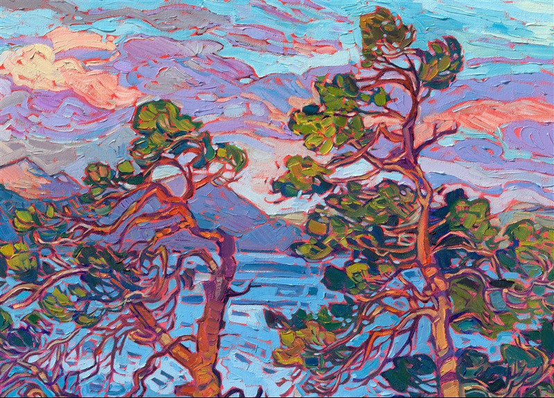 Traveling through Norway, I experienced so many fjords in different lighting and weather conditions. I loved how the reflections in the water could change suddenly and dramatically. This painting captures a view from high up the side of Geirangerfjord, with two ancient pine tree sentinels looking over the fjord.</p><p>This painting is included in The Erin Hanson Gallery exhibition, <a href="https://www.erinhanson.com/Event/norwayshow"><i>The Norway Show</i></a>. You may purchase this painting now, and it will be shipped after the show on May 9th, 2026. 