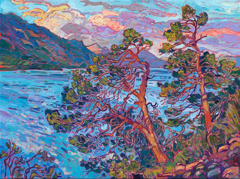 Traveling through Norway, I experienced so many fjords in different lighting and weather conditions. I loved how the reflections in the water could change suddenly and dramatically. This painting captures a view from high up the side of Geirangerfjord, with two ancient pine tree sentinels looking over the fjord.

This painting is included in The Erin Hanson Gallery exhibition, <a href="https://www.erinhanson.com/Event/norwayshow"><i>The Norway Show</i></a>. You may purchase this painting now, and it will be shipped after the show on May 9th, 2026. 