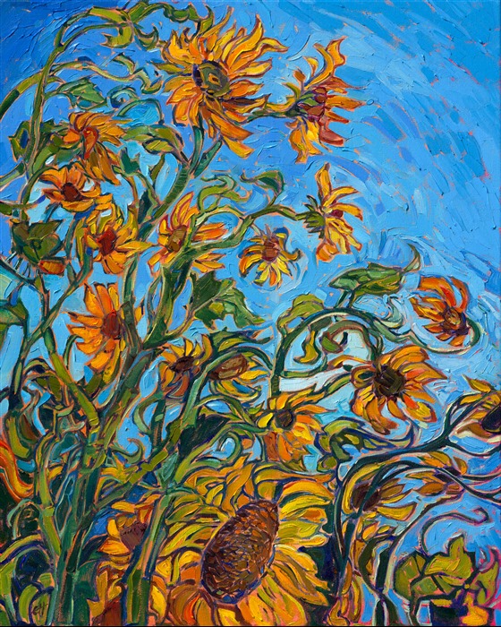 Northwestern sunflowers dance in the summer winds, sparkling with golden color against an azure sky. Thick brush strokes of impressionist paint capture the movement and vivacity of the scene.