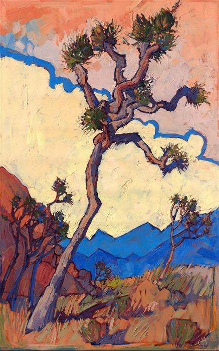 Ultramarine mountain ranges form the backdrop of this Joshua Tree painting. The impasto paint application has a rich, sculptural effect. This early Open Impressionism painting is now available for purchase (being sold on consignment.)