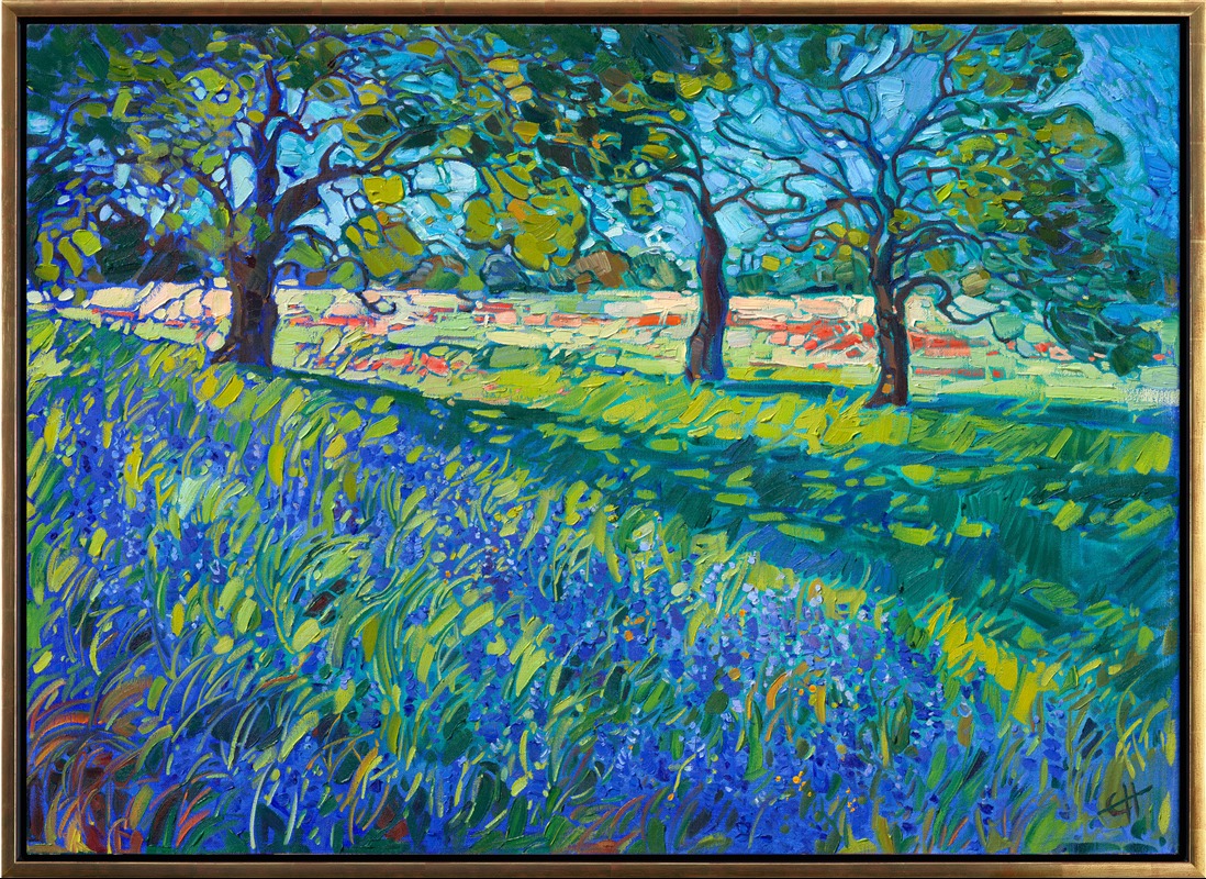 This oil painting of Texas bluebonnets captures an idyllic scene from the Hill Country. Texas' most popular flower blooms abundantly in the springtime, along with black-eyed Susans, Indian paintbrushes, and evening primroses. I love finding <a href="https://www.erinhanson.com/portfolio?col=texas-wildflowers">cozy compositions</a> in Texas during the spring, framed by oak trees and apple-green grass. This landscape includes peeks of Indian paintbrushes in the background, glowing red in the afternoon sun.</p><p>Thick brushstrokes of oil paint capture the movement and serene beauty of the scene.  Keep the beauty of Texas Hill Country in bloom year-round with this painting.