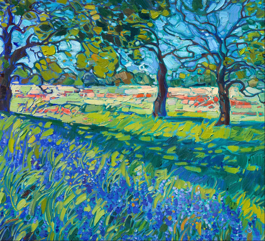 This oil painting of Texas bluebonnets captures an idyllic scene from the Hill Country. Texas' most popular flower blooms abundantly in the springtime, along with black-eyed Susans, Indian paintbrushes, and evening primroses. I love finding <a href="https://www.erinhanson.com/portfolio?col=texas-wildflowers">cozy compositions</a> in Texas during the spring, framed by oak trees and apple-green grass. This landscape includes peeks of Indian paintbrushes in the background, glowing red in the afternoon sun.</p><p>Thick brushstrokes of oil paint capture the movement and serene beauty of the scene.  Keep the beauty of Texas Hill Country in bloom year-round with this painting.
