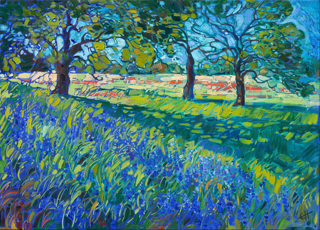 This oil painting of Texas bluebonnets captures an idyllic scene from the Hill Country. Texas' most popular flower blooms abundantly in the springtime, along with black-eyed Susans, Indian paintbrushes, and evening primroses. I love finding <a href="https://www.erinhanson.com/portfolio?col=texas-wildflowers">cozy compositions</a> in Texas during the spring, framed by oak trees and apple-green grass. This landscape includes peeks of Indian paintbrushes in the background, glowing red in the afternoon sun.

Thick brushstrokes of oil paint capture the movement and serene beauty of the scene.  Keep the beauty of Texas Hill Country in bloom year-round with this painting.