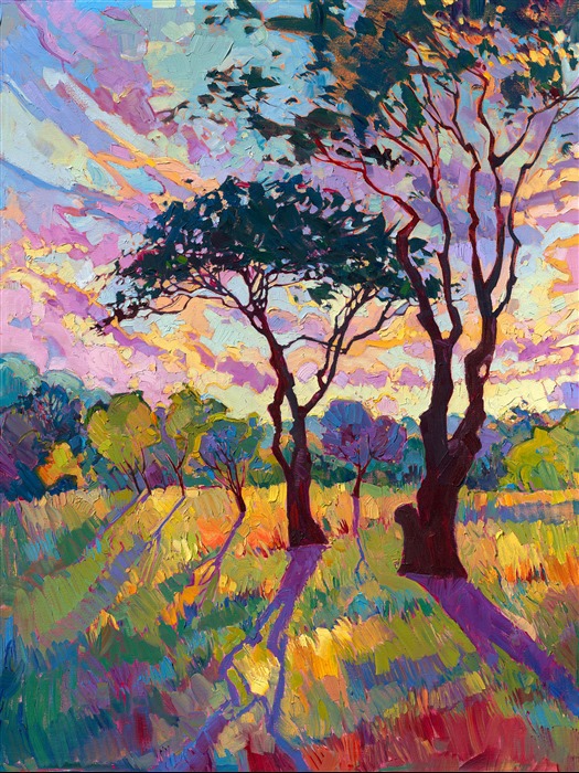 Vibrant colors and abstract shapes dance through this large painting, the sky stretching high above the hills. The brush strokes in this work are loose and free, conveying an emotion of wide open space.</p><p>This impressive painting on four canvases stands a total of 8 feet tall. The brilliant color and abstract sky will bring color and life to any room. </p><p>This classic work is being sold on consignment. If you are interested in purchasing a print or Textured Replica of this painting, please email Erin at contact@erinhanson.com.