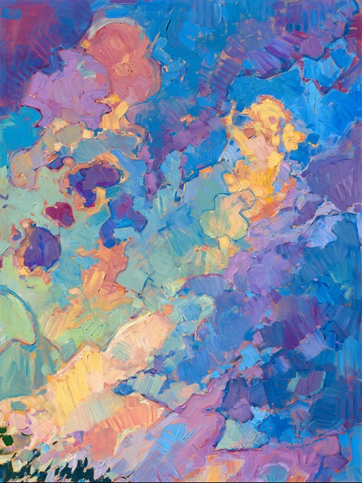 Vibrant colors and abstract shapes dance through this large painting, the sky stretching high above the hills. The brush strokes in this work are loose and free, conveying an emotion of wide open space.</p><p>This impressive painting on four canvases stands a total of 8 feet tall. The brilliant color and abstract sky will bring color and life to any room. </p><p>This classic work is being sold on consignment. If you are interested in purchasing a print or Textured Replica of this painting, please email Erin at contact@erinhanson.com.