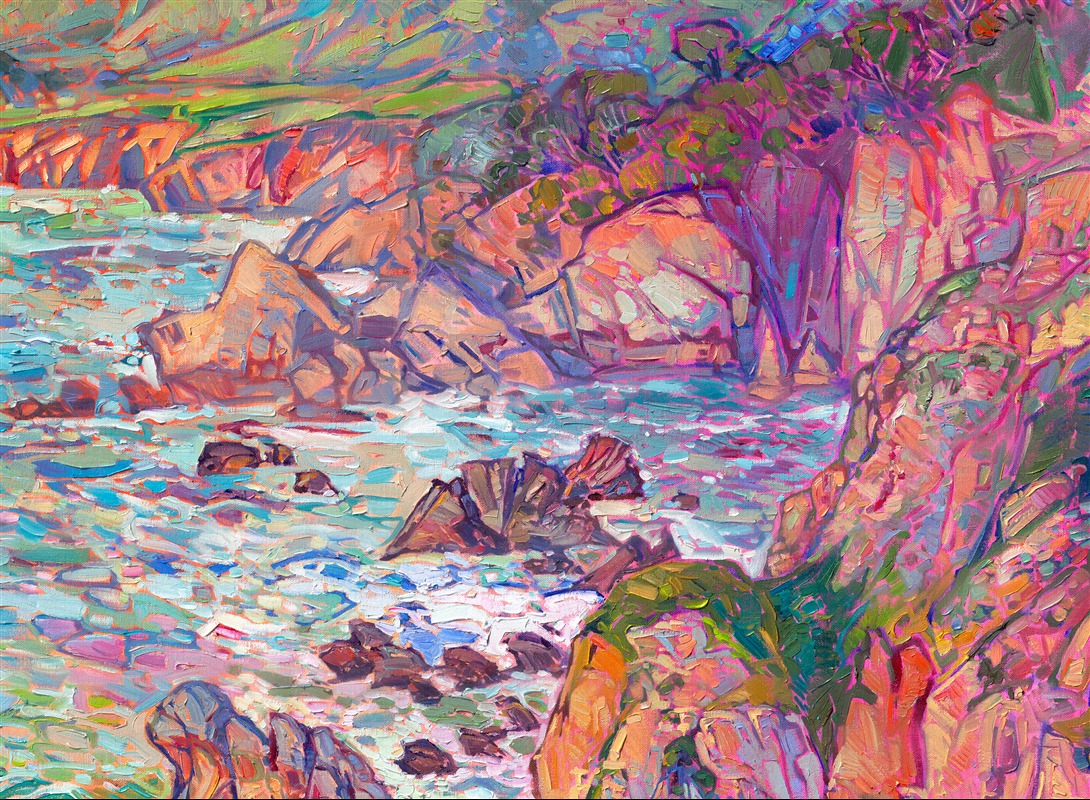 While I was painting this depiction of California's coastline, I wanted it to feel like a flurry of impressionistic paint strokes just fell onto a canvas and just happened to arrange themselves into the shapes of waves and cliffs. To me, that is the beauty of impressionism: lots of small, independent brush strokes that only resolve into a shape when you step back. In my style of Open Impressionism, I avoid overlapping my brushstrokes. This gives my paintings a fresh, loose look that I feel really draws the viewer in.</p><p>I hope this painting draws you in and makes you feel like you are standing on the edge of a cliff overlooking the Pacific Ocean.</p><p>(<a href="mailto:erin@erinhanson.com">Shoot me an email</a> if you're curious about the exact location this painting was inspired by.)