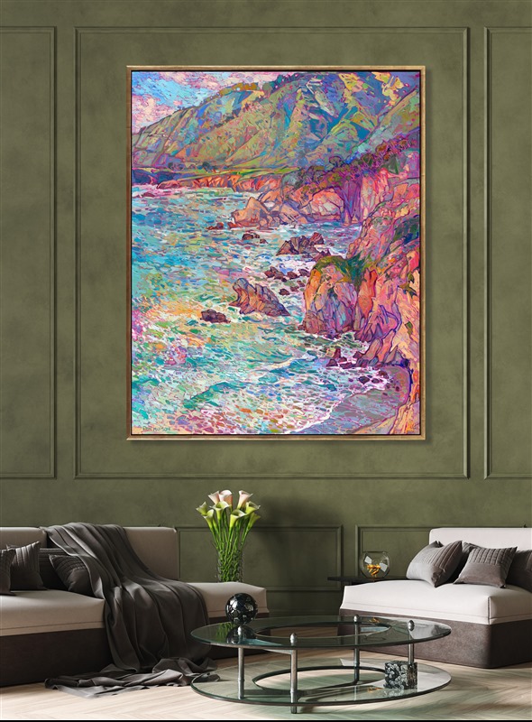 While I was painting this depiction of California's coastline, I wanted it to feel like a flurry of impressionistic paint strokes just fell onto a canvas and just happened to arrange themselves into the shapes of waves and cliffs. To me, that is the beauty of impressionism: lots of small, independent brush strokes that only resolve into a shape when you step back. In my style of Open Impressionism, I avoid overlapping my brushstrokes. This gives my paintings a fresh, loose look that I feel really draws the viewer in.</p><p>I hope this painting draws you in and makes you feel like you are standing on the edge of a cliff overlooking the Pacific Ocean.</p><p>(<a href="mailto:erin@erinhanson.com">Shoot me an email</a> if you're curious about the exact location this painting was inspired by.)