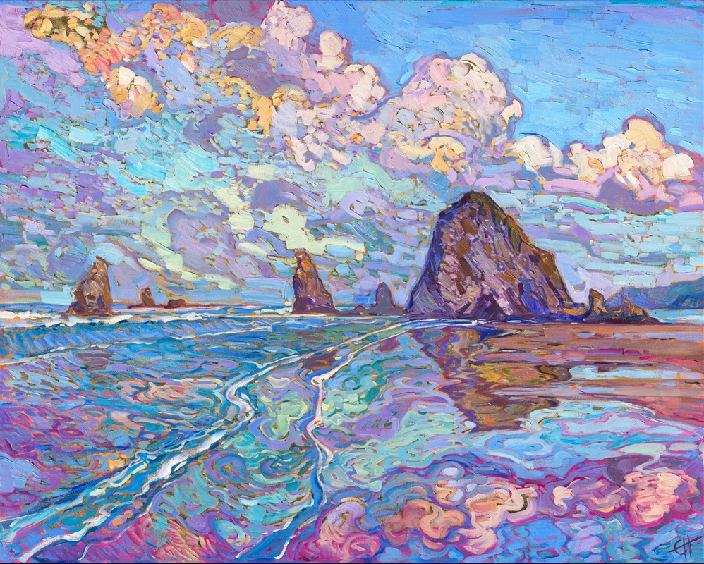 I never get tired of exploring Cannon Beach and Haystack Rock. Every time I'm there, the light and colors are different. This weekend, the weather was forecast to be cloudy all weekend, but instead it was bright and sunny and warm--and perfect weather for taking photo inspirations. This oil painting was created with 24kt gold leaf applied directly to the canvas. The gold leaf peeks out between the brushstrokes, adding a subtle dimension of ever-changing light to the painting.