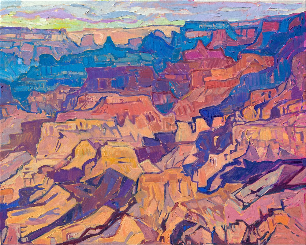 The view from Hopi Point in the Grand Canyon is one of the most beautiful places to see the full layering effect of the canyon. This painting captures dawn light hitting the sandstone cliffs, expressed with loose, impressionistic brushstrokes.