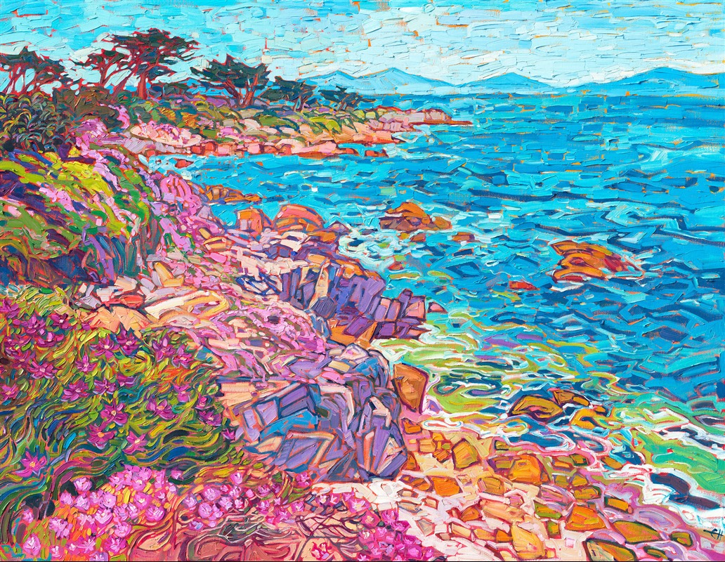 The banks of the Monterey Peninsula, near Carmel, California, are covered in bright pink ice plants in the spring. This oil painting captures the beautiful, contrasting colors of spring in Carmel, with thick, impressionistic brushstrokes. Canvas prints, paper posters, and 3D Textured Replicas are available for purchase. 

Bring the beauty of Monterey into your home.
